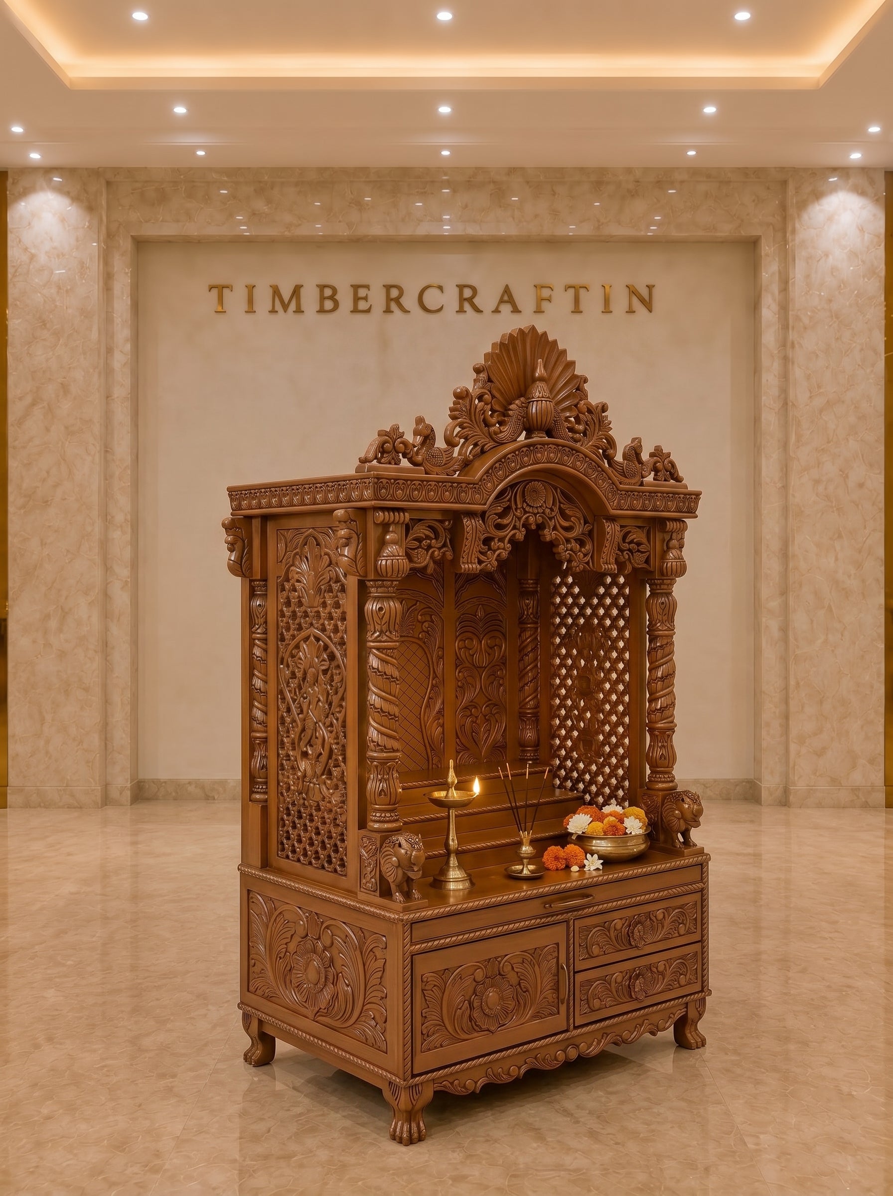 Mayur Singhaasan Teak Wood Pooja Mandir | Peacock Crown Grand Temple | Saharanpur Handmade | TIMBERCRAFTIN