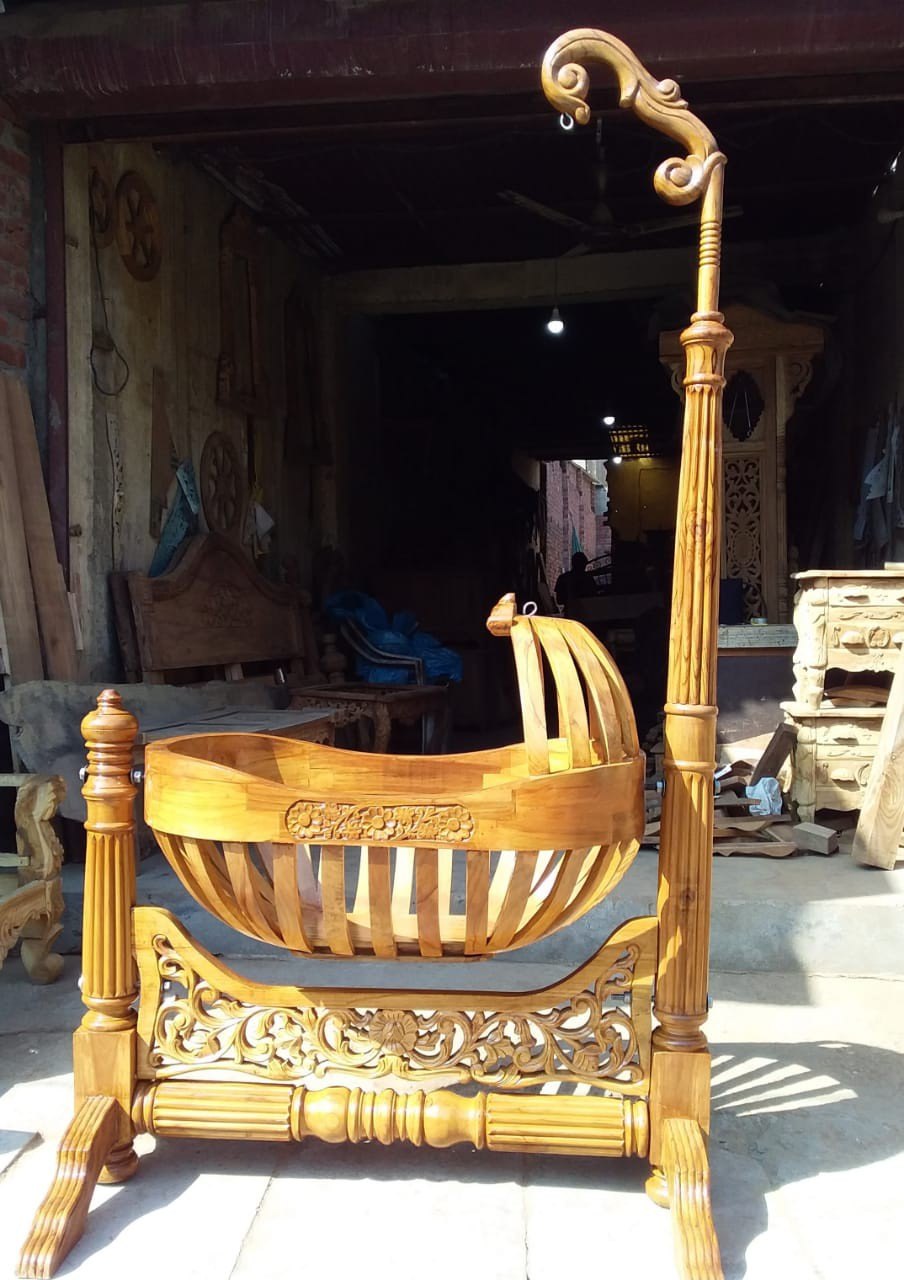 Handcrafted Gold Finish Wooden Baby Cradle | Teak Wood Palna Jhula | Hand Carved Baby Swing | Saharanpur Handicraft | Antique Gold | Natural Wood | Indian Baby Crib
