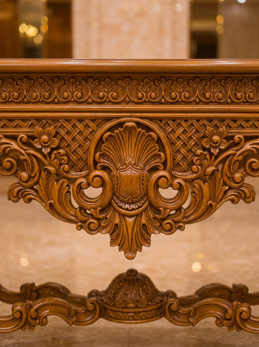 Mandala Grand Console Table with Round Carved Mirror — Hand-Carved Teakwood | Natural Polish or Antique Gold | Made to Order