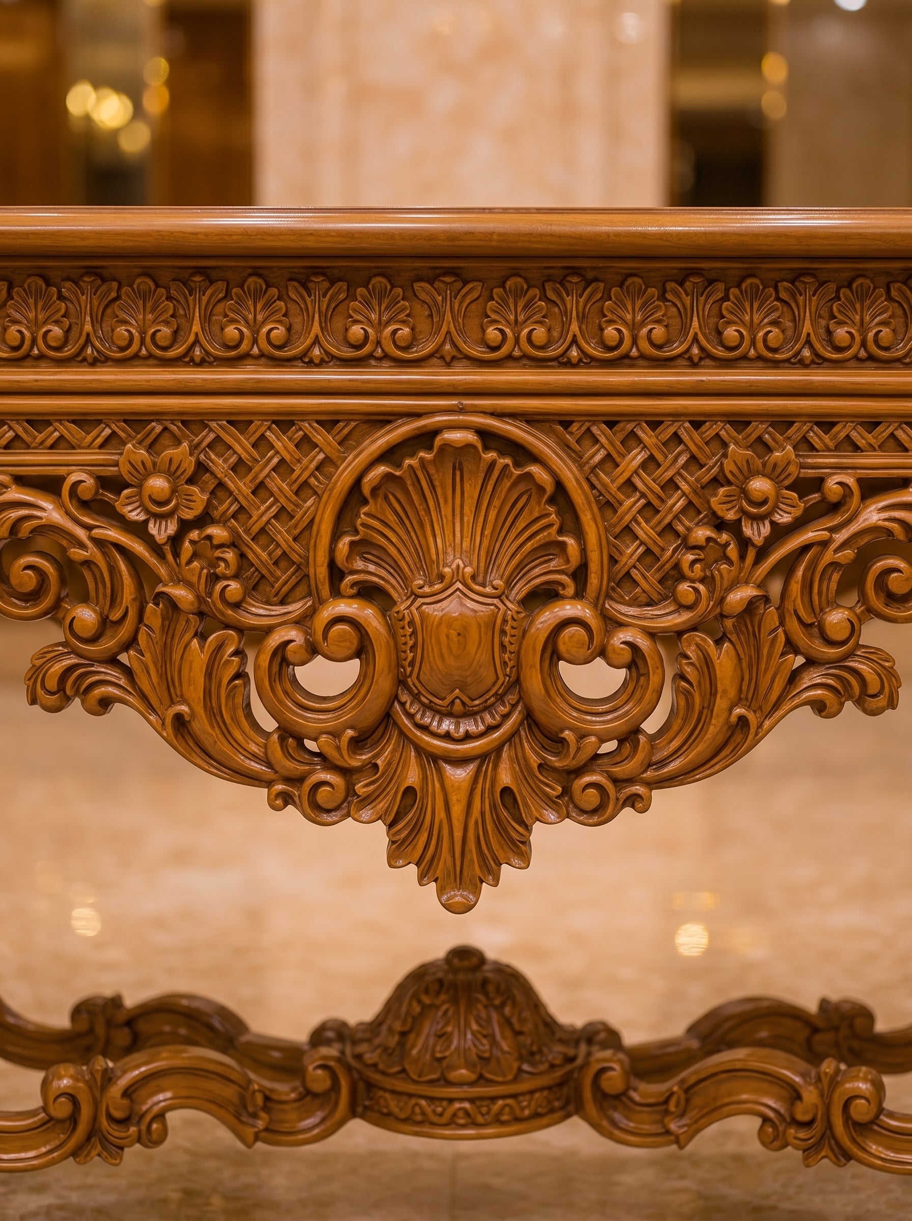 Mandala Grand Console Table with Round Carved Mirror — Hand-Carved Teakwood | Natural Polish or Antique Gold | Made to Order
