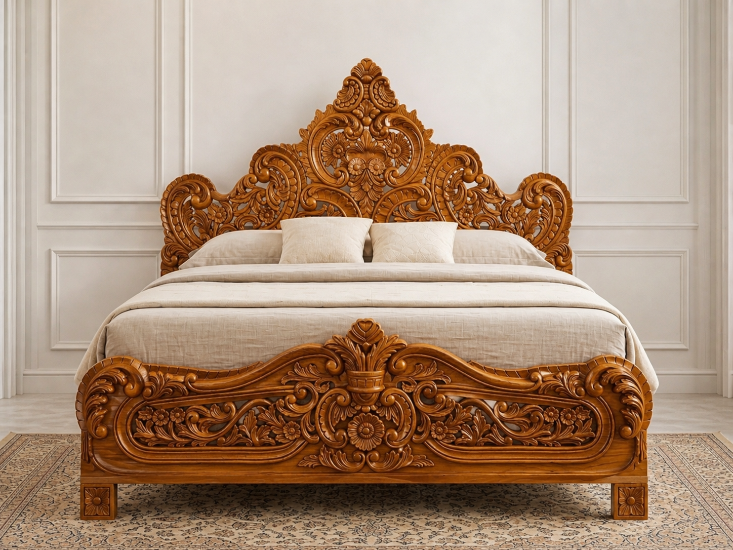 Royal Handcarved Teak Wood King Bed | Solid Teakwood Bed Frame | Traditional Indian Carved Bedroom Furniture | Luxury Wood Bed