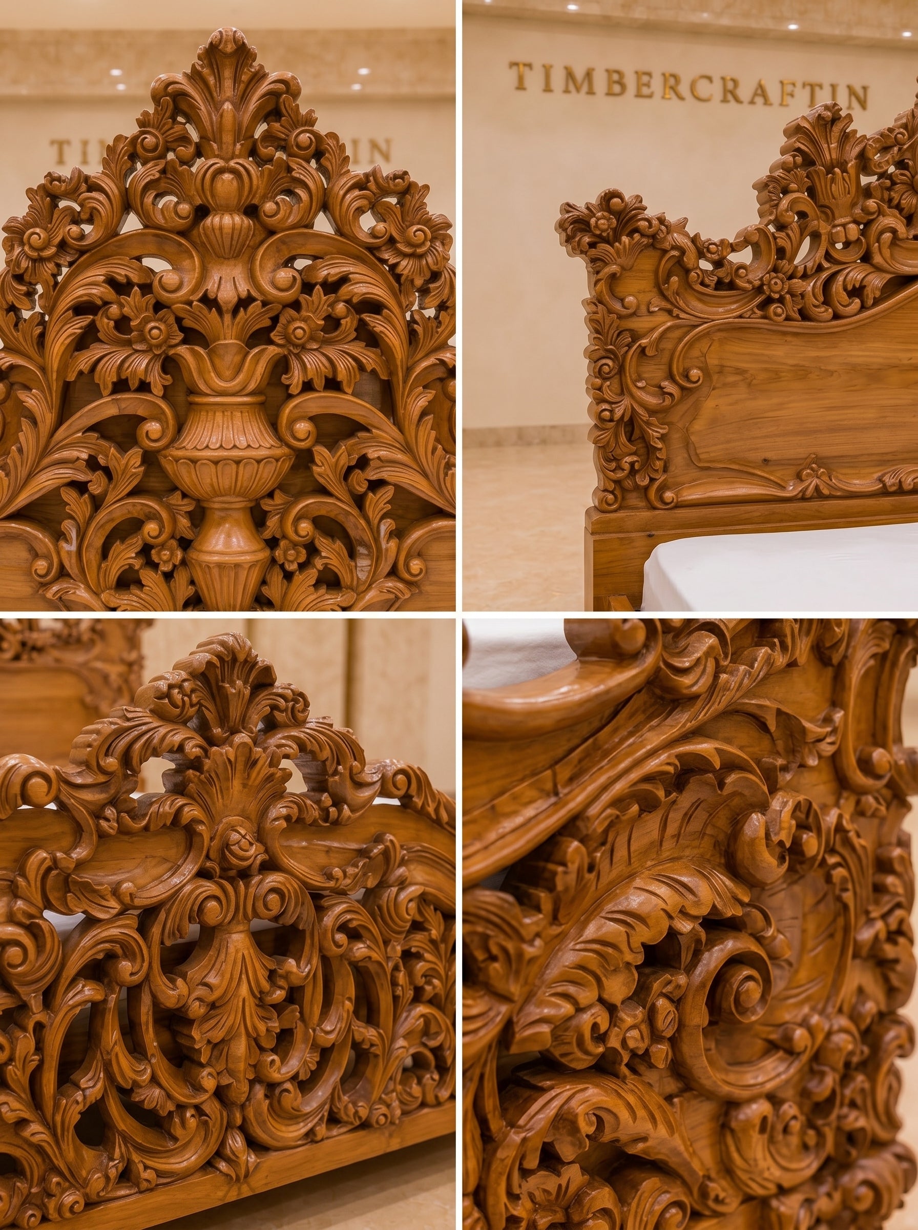 Handcrafted Pure Teak Wood King Size Bed | Royal Floral Carving | Saharanpur Wooden Furniture | Wedding Gift | 72x74x78 inches