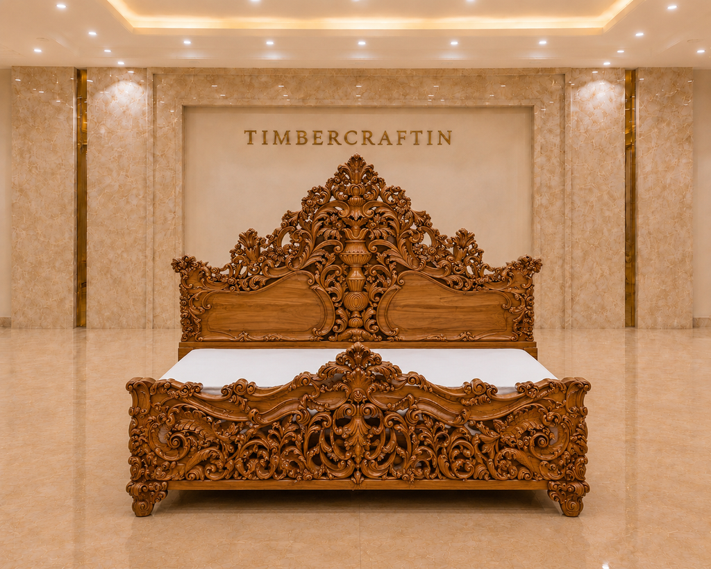 Handcrafted Pure Teak Wood King Size Bed | Royal Floral Carving | Saharanpur Wooden Furniture | Wedding Gift | 72x74x78 inches