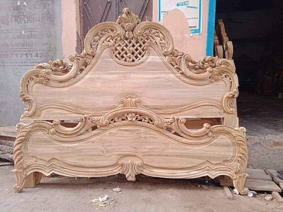 TIMBERCRAFTIN | "Lattice Crown" | Handcrafted Pure Teak Wood King Size Bed |  | Zero CNC |Carving Beds | Saharanpur |  | 74x78x60 inches