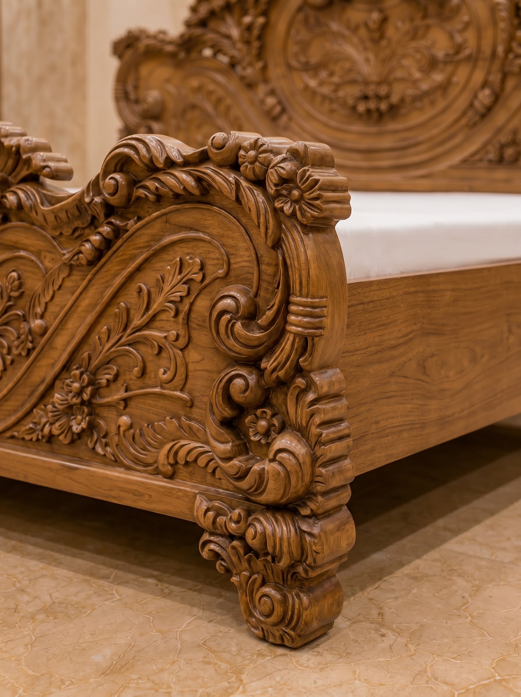 TIMBERCRAFTIN | Handcrafted Pure Teak Wood King Size Bed | Heavy Side & Footboard Carving |Mughal Guarden| Zero CNC | Saharanpur | Wedding Gift | 74x84x80 inches