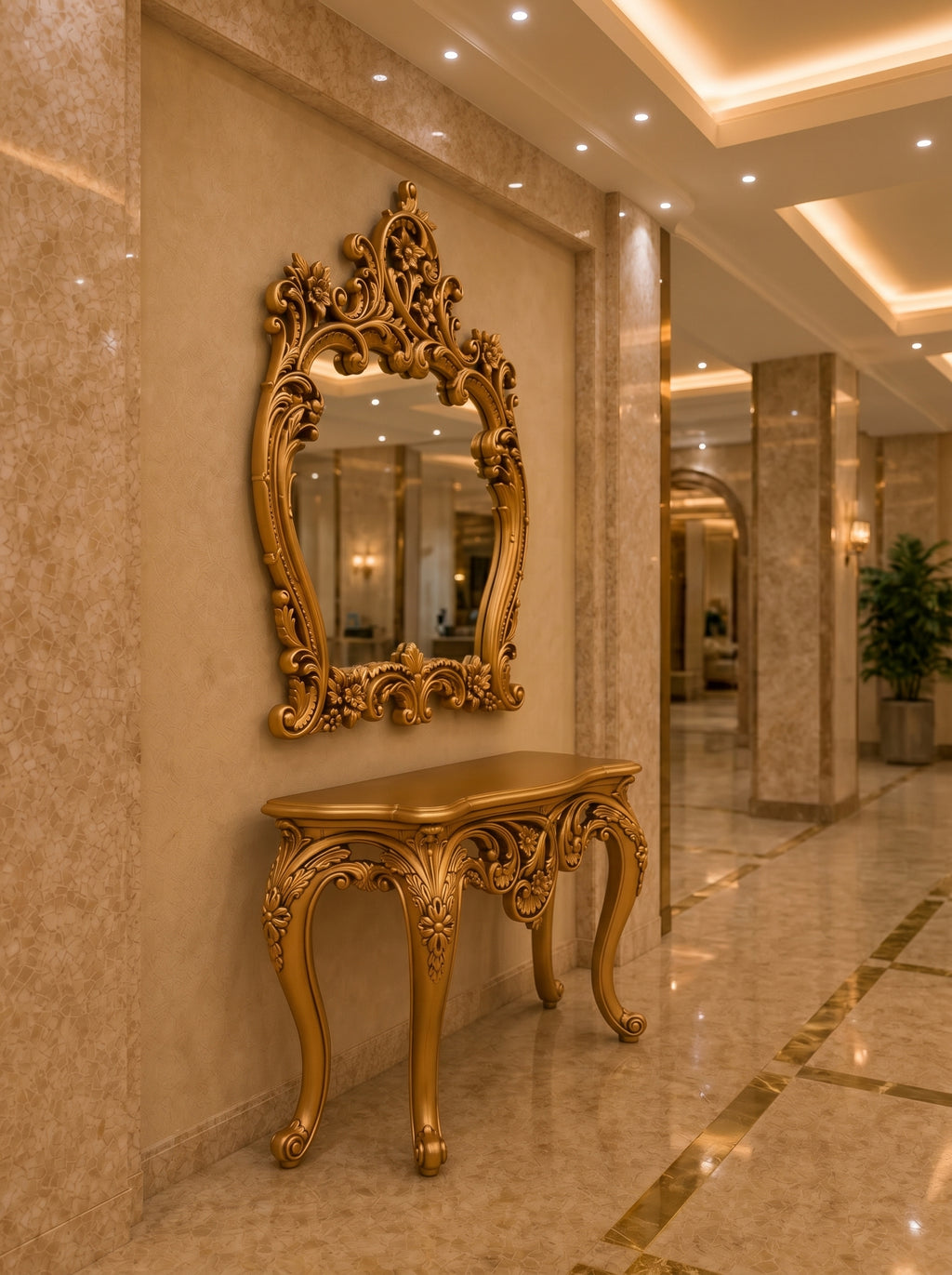 Flora Royal Console Table with Ornate Floral Mirror — Hand-Carved Teakwood | Antique Gold or Natural Polish | Made to Order