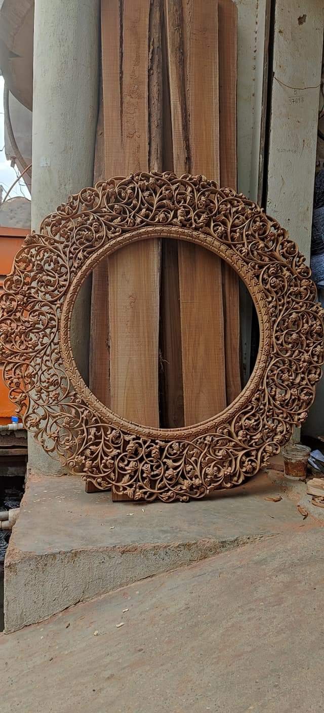 Mandala Grand Console Table with Round Carved Mirror — Hand-Carved Teakwood | Natural Polish or Antique Gold | Made to Order