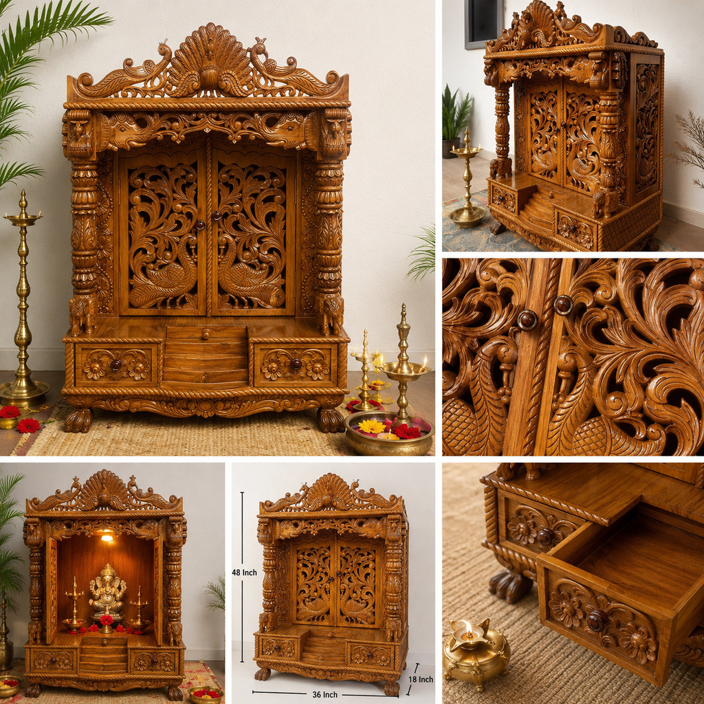 Handcrafted Teak Wood Temple | Traditional Hindu Pooja Mandir | Full Hand Carved Home Temple