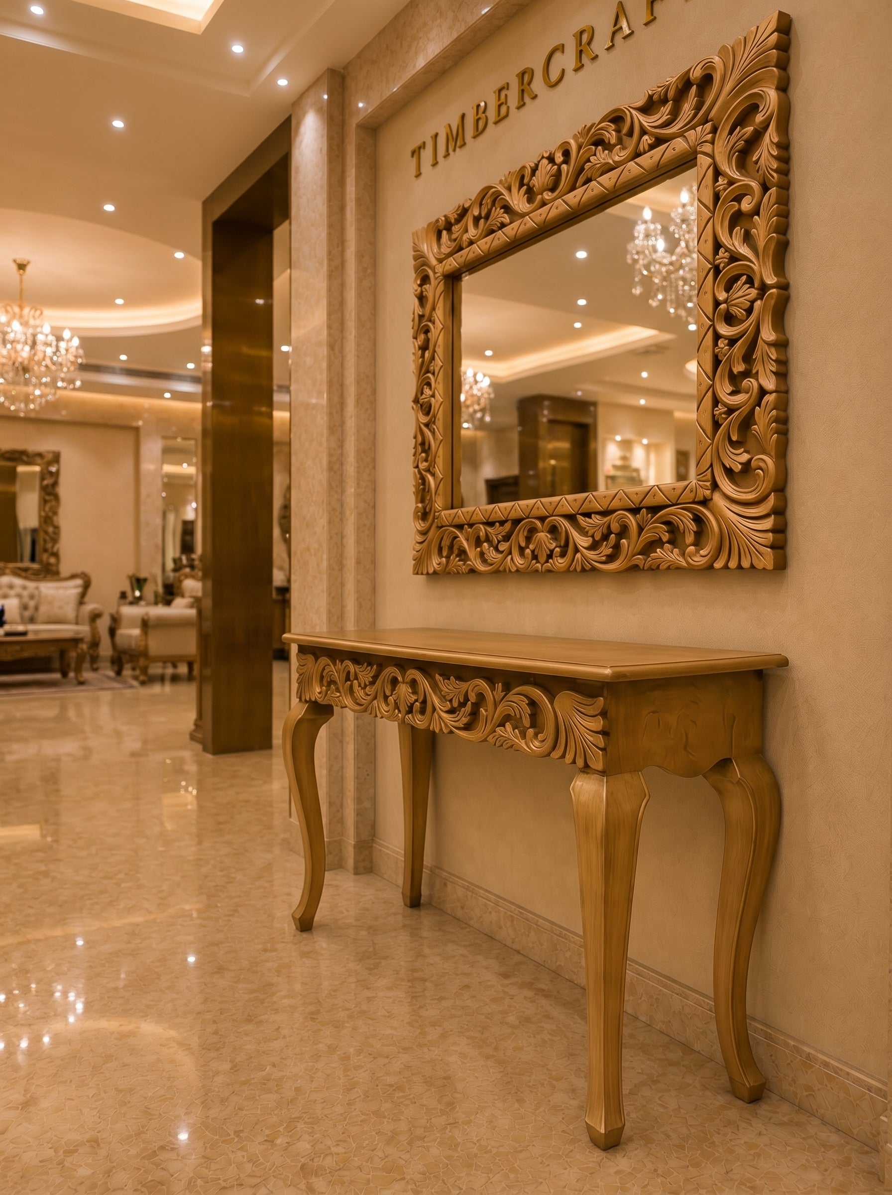 Heritage Console Table with Carved Mirror — Hand-Carved Teakwood | Natural Polish or Antique Gold | Made to Order