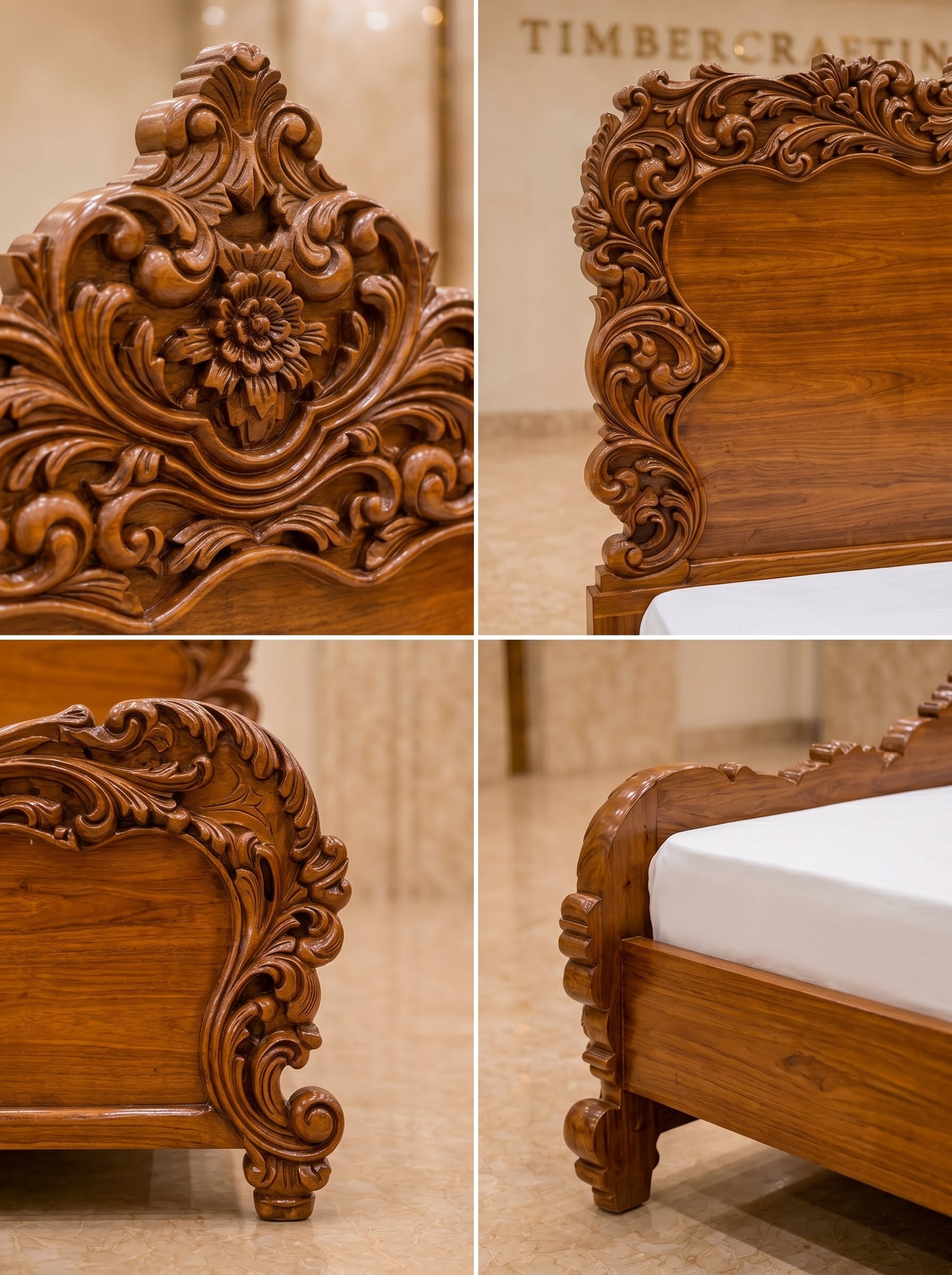 TIMBERCRAFTIN | "Imperial Lotus Throne" | Handcrafted Pure Teak Wood King Size Bed | Heavy All-Over Carving | Zero CNC | Saharanpur | Wedding Gift | 74x84x80