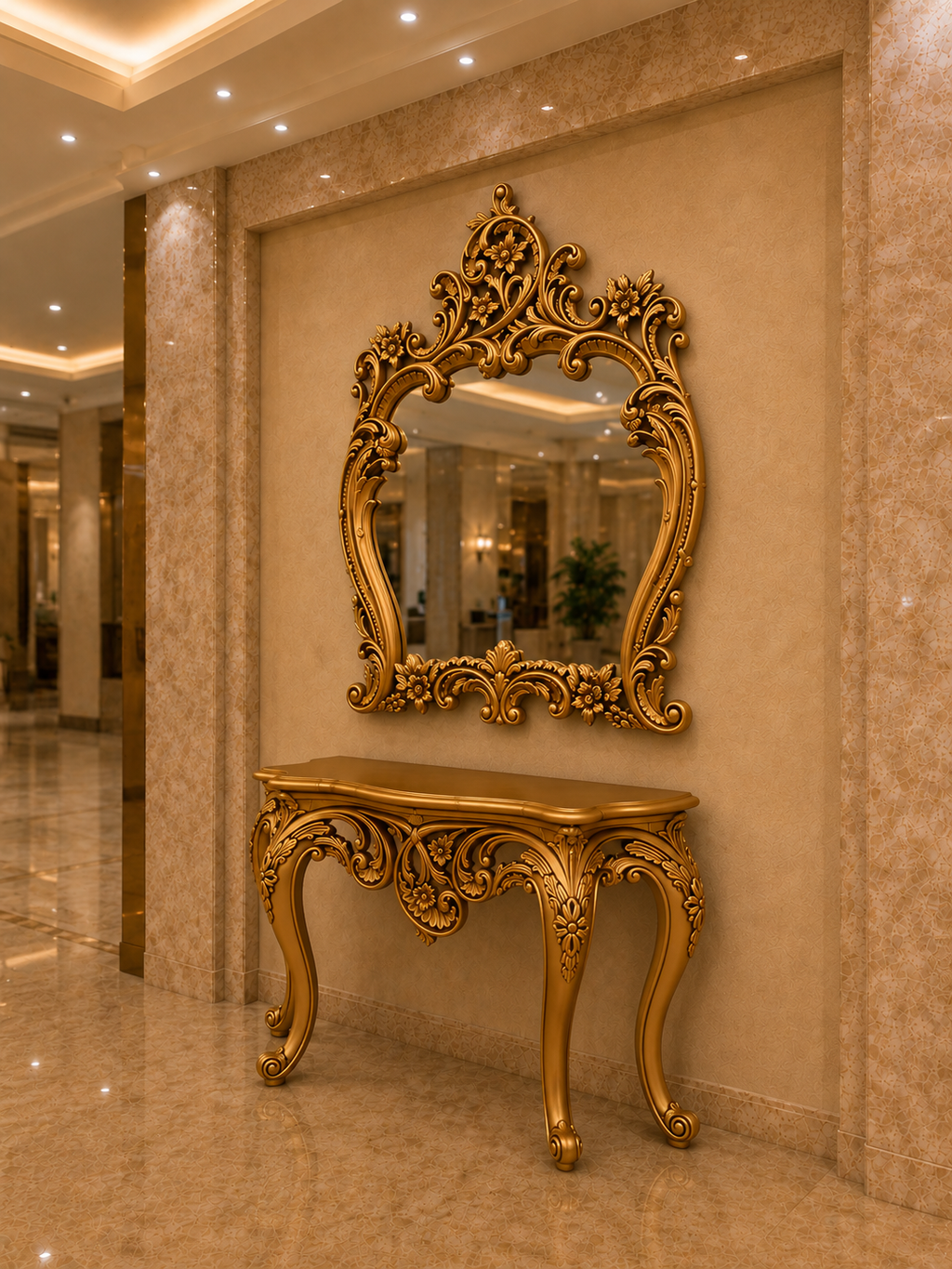 Flora Royal Console Table with Ornate Floral Mirror — Hand-Carved Teakwood | Antique Gold or Natural Polish | Made to Order