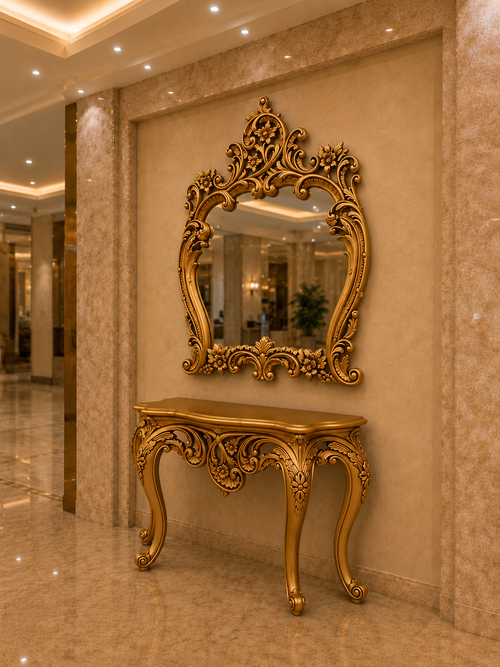 Flora Royal Console Table with Ornate Floral Mirror — Hand-Carved Teakwood | Antique Gold or Natural Polish | Made to Order