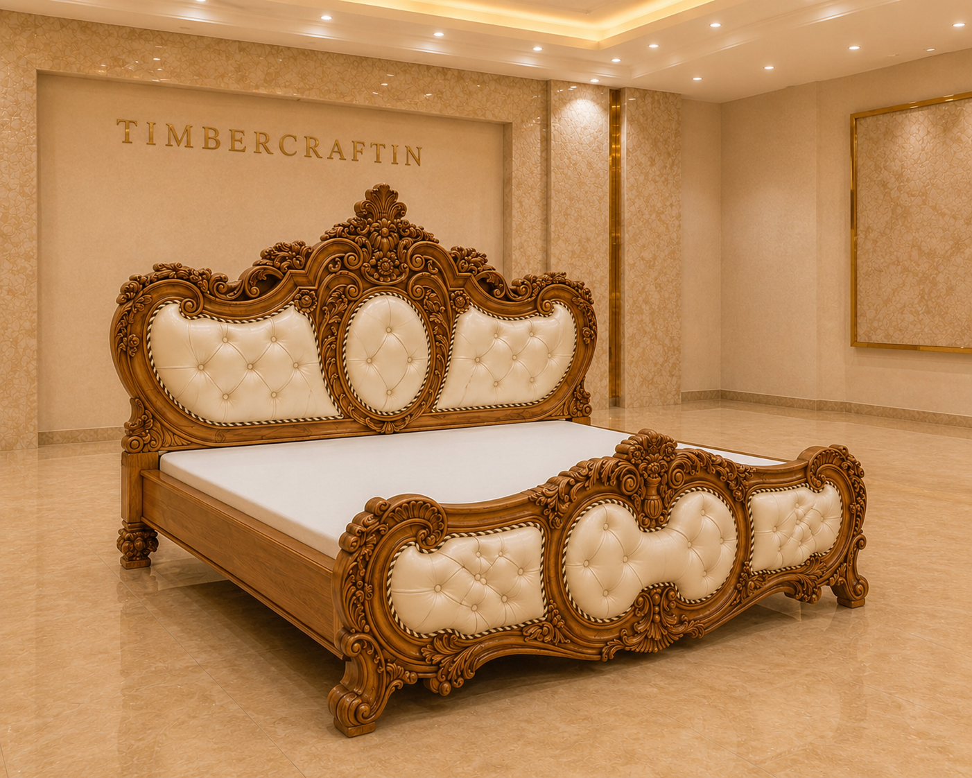 TIMBERCRAFTIN | Handcrafted Pure Teak Wood King Size Bed | Irony Crown |Rexine Tufted Headboard | Zero CNC | Saharanpur | Wedding Gift | 60x72x78 inches