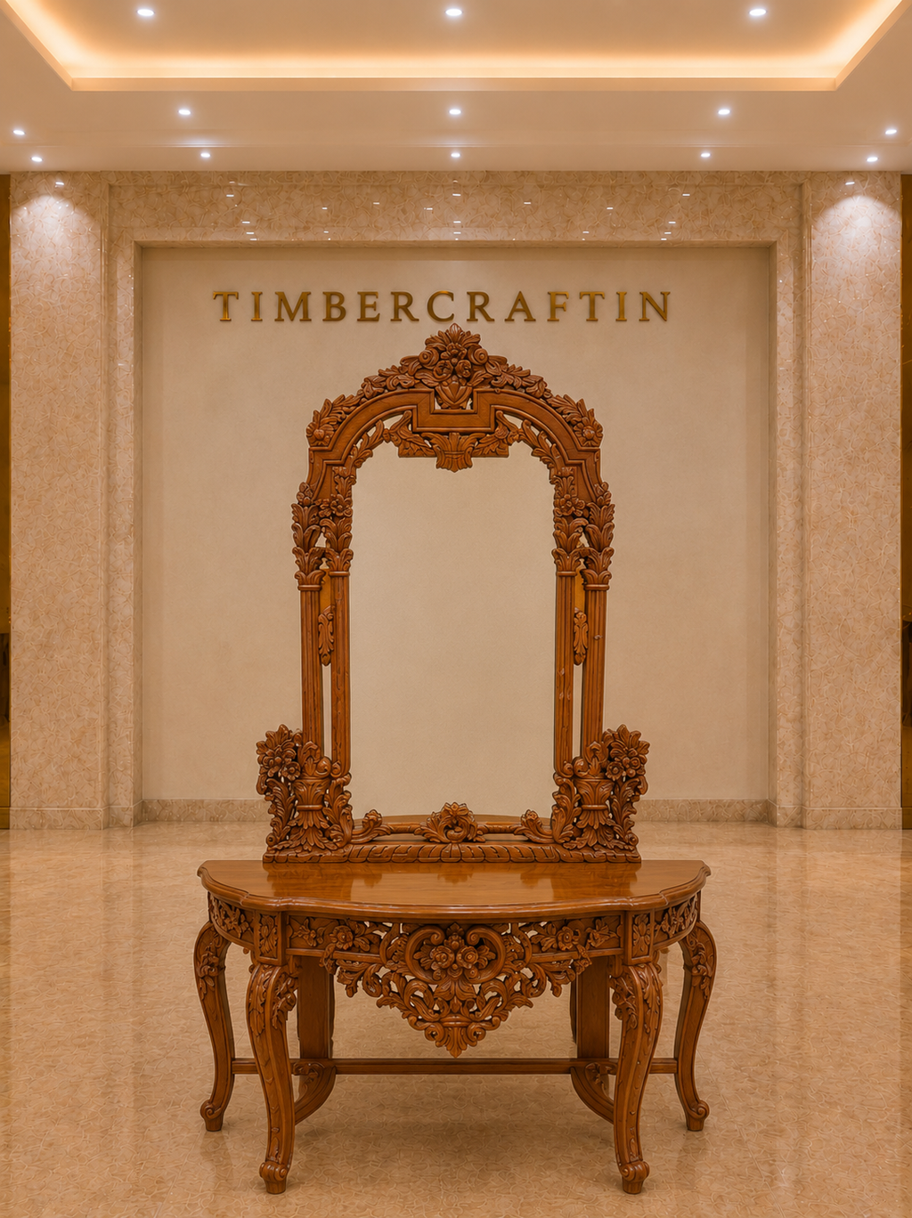 Mehraab Console Table with Arch Mirror — Hand-Carved Teakwood | Jali Apron | Natural Polish or Antique Gold | Made to Order