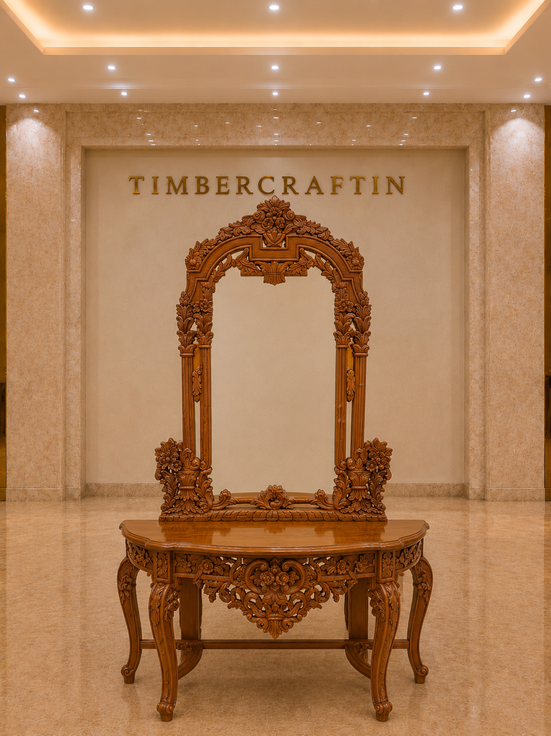 Mehraab Console Table with Arch Mirror — Hand-Carved Teakwood | Jali Apron | Natural Polish or Antique Gold | Made to Order