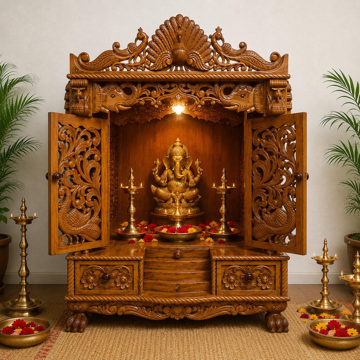 Handcrafted Teak Wood Temple | Traditional Hindu Pooja Mandir | Full Hand Carved Home Temple