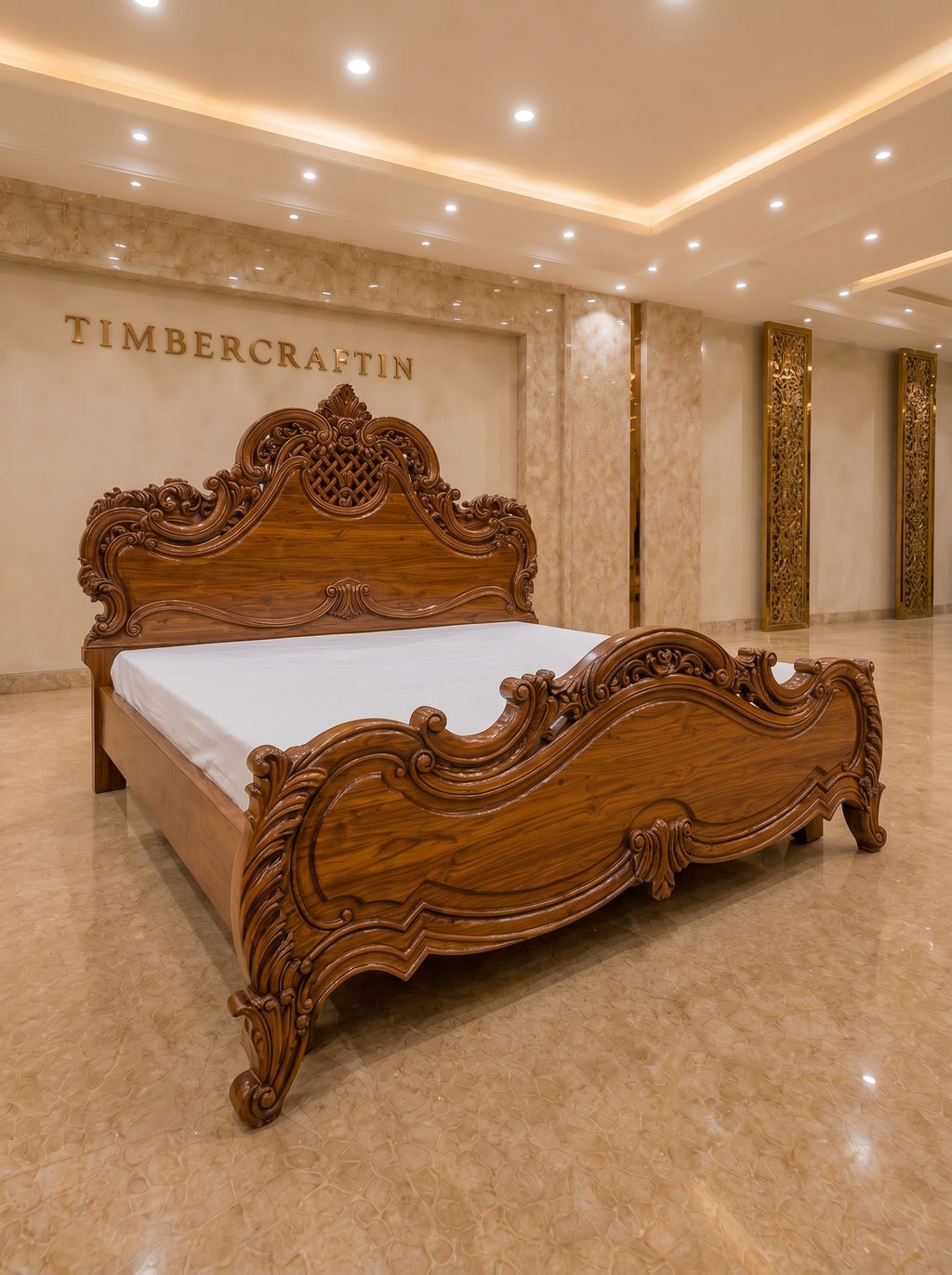 TIMBERCRAFTIN | "Lattice Crown" | Handcrafted Pure Teak Wood King Size Bed |  | Zero CNC |Carving Beds | Saharanpur |  | 74x78x60 inches