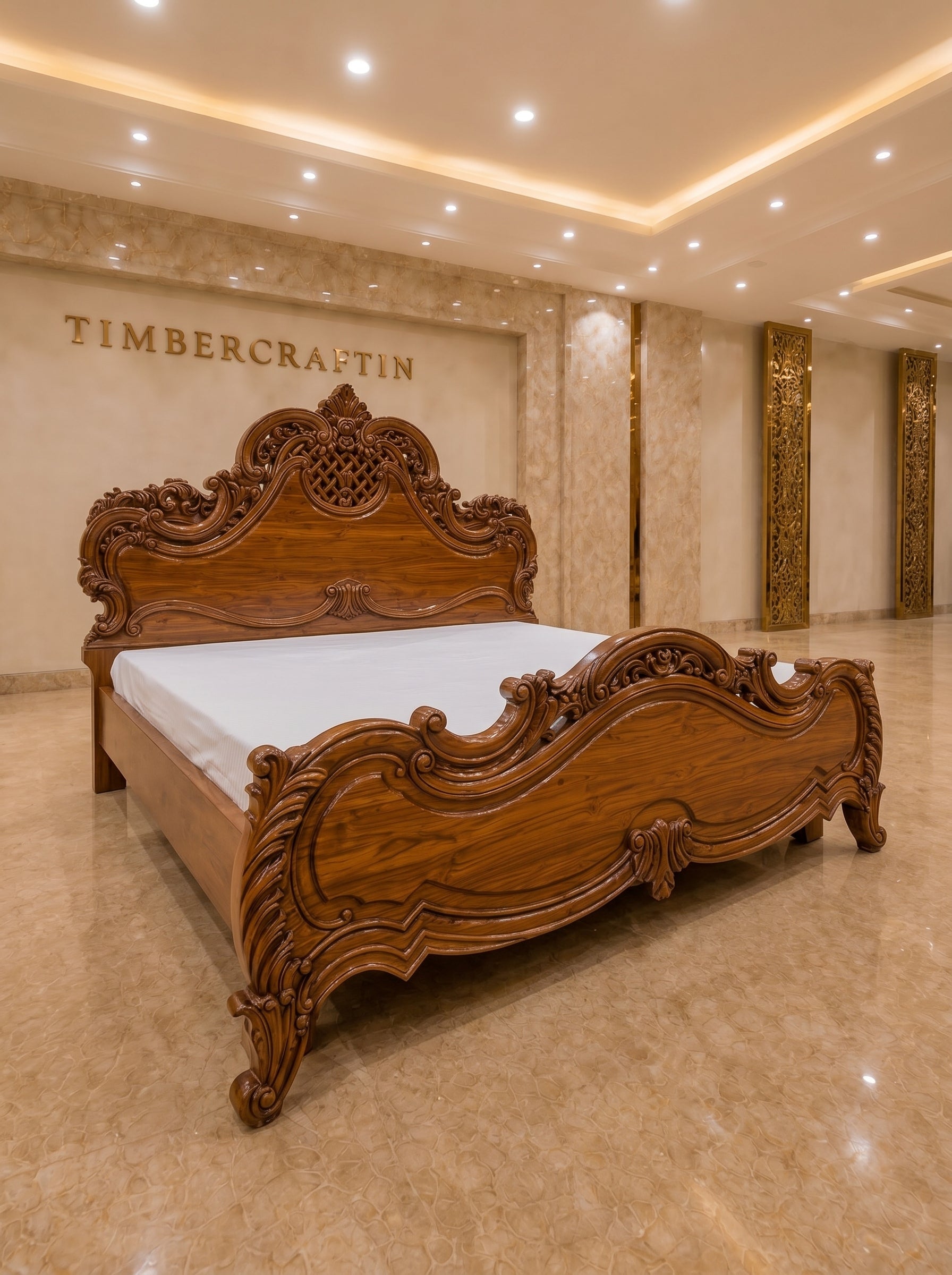 TIMBERCRAFTIN | "Lattice Crown" | Handcrafted Pure Teak Wood King Size Bed |  | Zero CNC |Carving Beds | Saharanpur |  | 74x78x60 inches