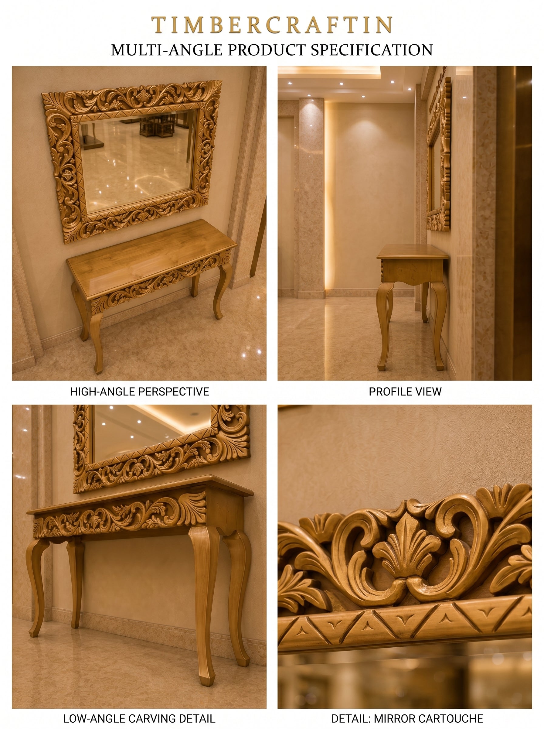 Heritage Console Table with Carved Mirror — Hand-Carved Teakwood | Natural Polish or Antique Gold | Made to Order