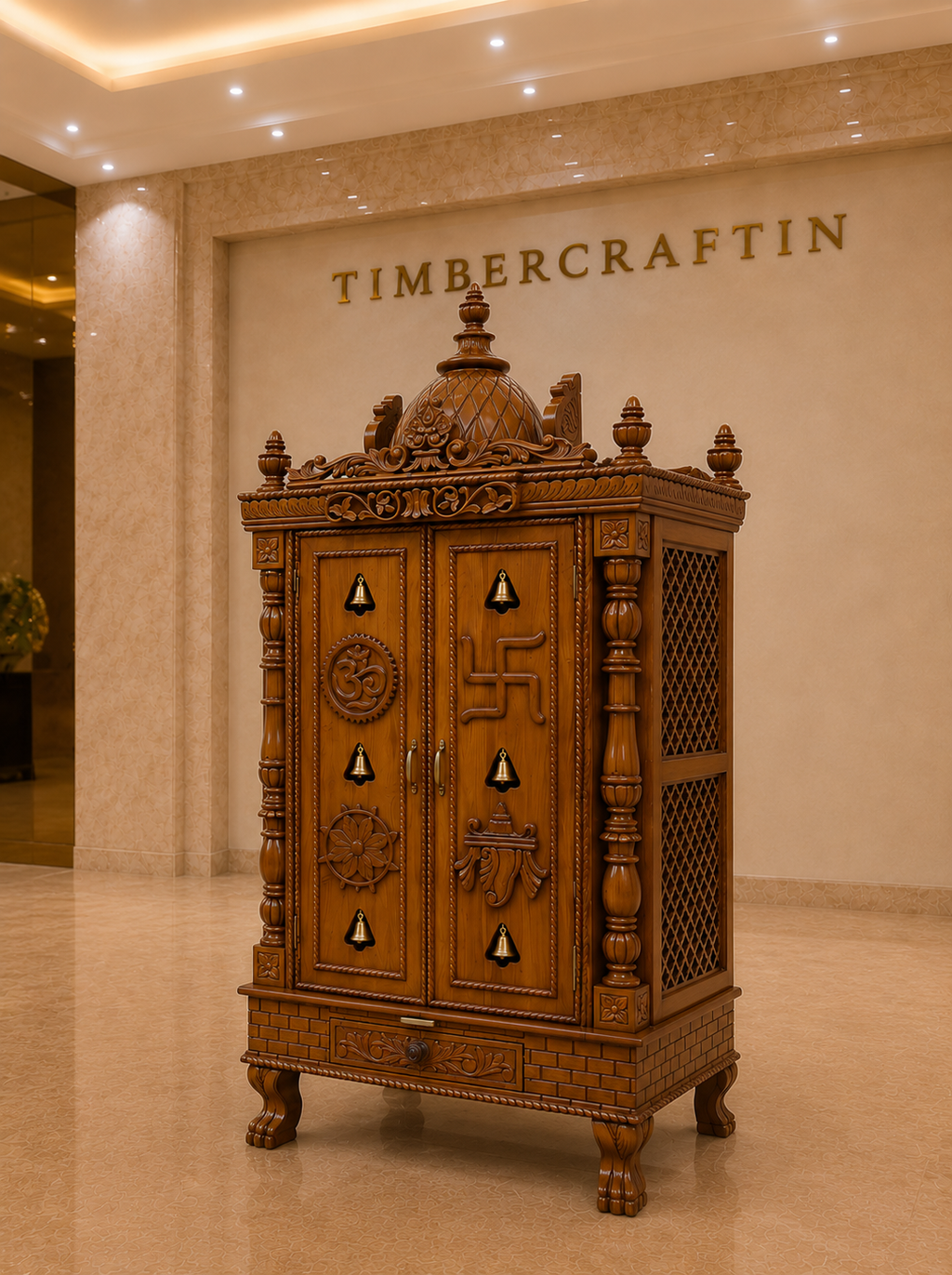 Dwaar Mandir Teak Wood Pooja Cabinet | Double Door Temple | Brass Bells | Saharanpur Handmade | TIMBERCRAFTIN