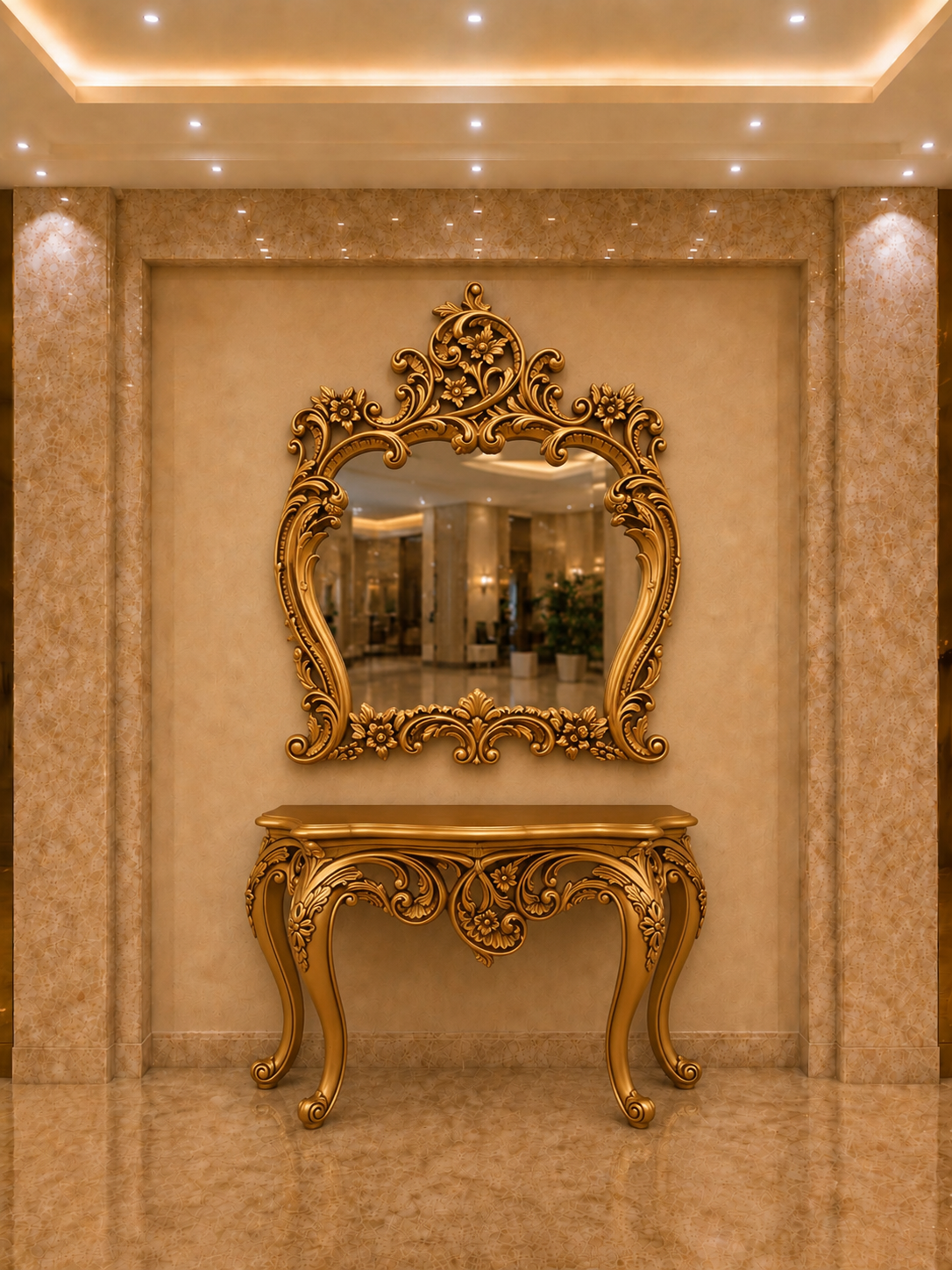 Flora Royal Console Table with Ornate Floral Mirror — Hand-Carved Teakwood | Antique Gold or Natural Polish | Made to Order