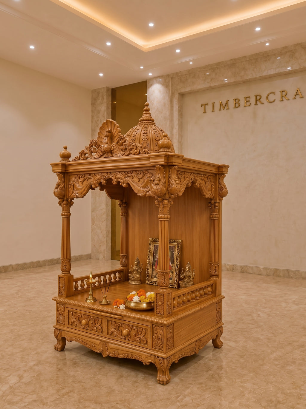 Mayur Prasad Teak Wood Pooja Mandir | Peacock Crown Temple | Saharanpur Handmade | TIMBERCRAFTIN