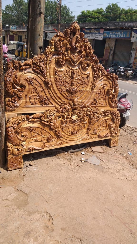 TIMBERCRAFTIN | Handcrafted Pure Teak Wood King Size Bed | Heavy Side & Footboard Carving |Mughal Guarden| Zero CNC | Saharanpur | Wedding Gift | 74x84x80 inches