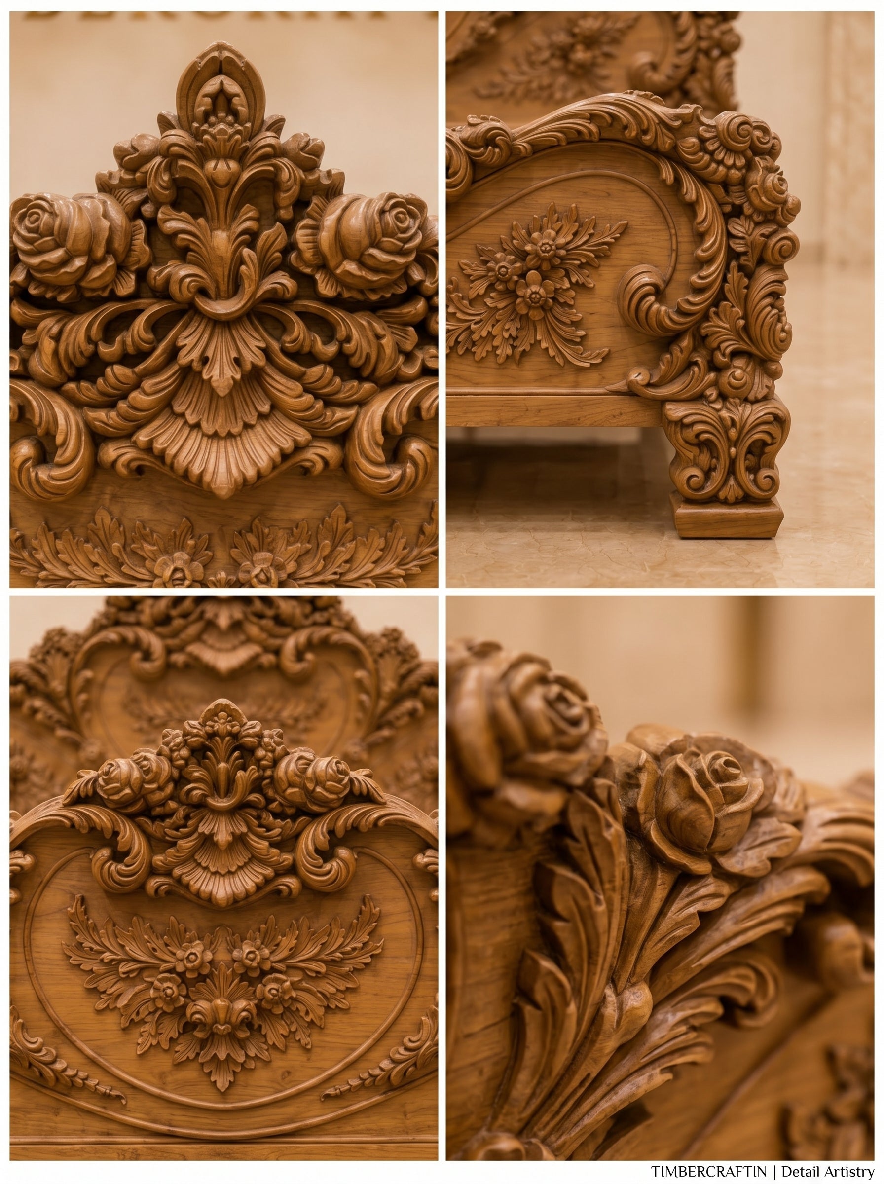 Royal Baroque Hand Carved Pure Teak Wood Bed | Saharanpur Handmade | King size Royal Bedroom