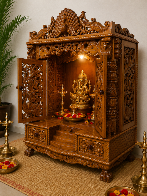 Handcrafted Teak Wood Temple | Traditional Hindu Pooja Mandir | Full Hand Carved Home Temple