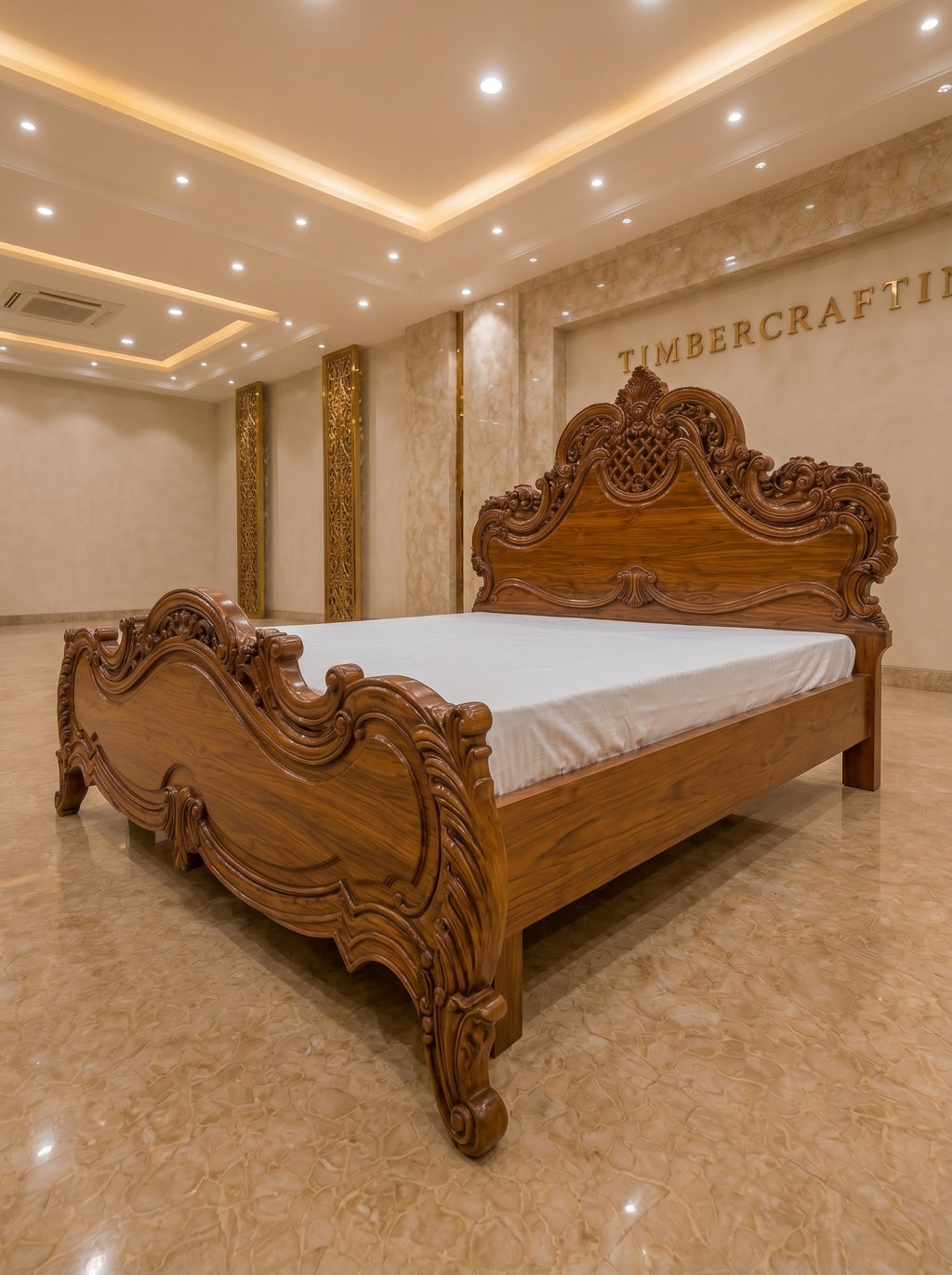 TIMBERCRAFTIN | "Lattice Crown" | Handcrafted Pure Teak Wood King Size Bed |  | Zero CNC |Carving Beds | Saharanpur |  | 74x78x60 inches