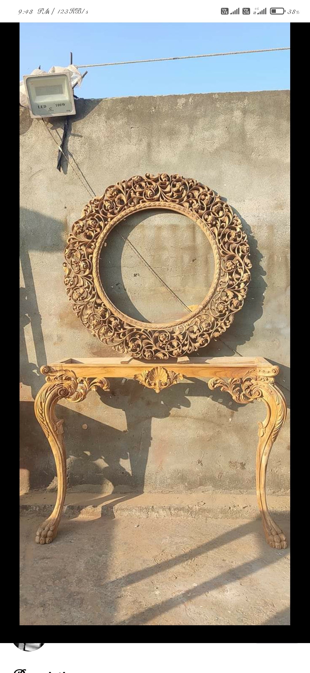 Surya Jali Console Table with Round Carved Mirror — Hand-Carved Teakwood | Ball & Claw Feet | Natural Polish or Antique Gold | Made to Order