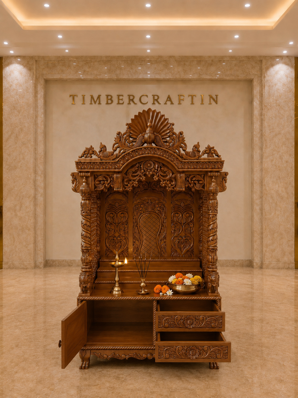 Mayur Singhaasan Teak Wood Pooja Mandir | Peacock Crown Grand Temple | Saharanpur Handmade | TIMBERCRAFTIN