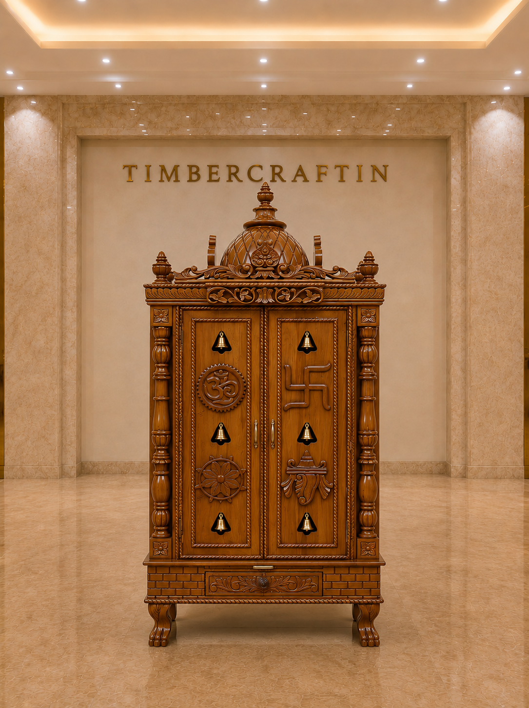 Dwaar Mandir Teak Wood Pooja Cabinet | Double Door Temple | Brass Bells | Saharanpur Handmade | TIMBERCRAFTIN