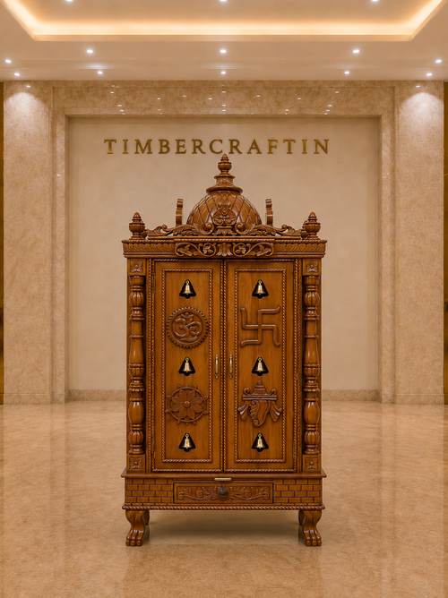 Dwaar Mandir Teak Wood Pooja Cabinet | Double Door Temple | Brass Bells | Saharanpur Handmade | TIMBERCRAFTIN