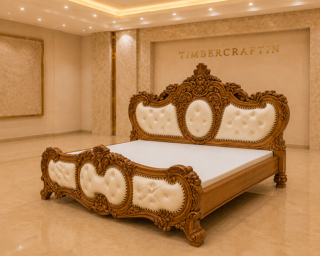 TIMBERCRAFTIN | Handcrafted Pure Teak Wood King Size Bed | Irony Crown |Rexine Tufted Headboard | Zero CNC | Saharanpur | Wedding Gift | 60x72x78 inches