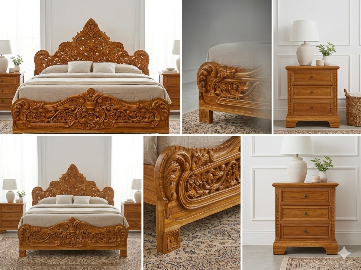 Royal Handcarved Teak Wood King Bed | Solid Teakwood Bed Frame | Traditional Indian Carved Bedroom Furniture | Luxury Wood Bed