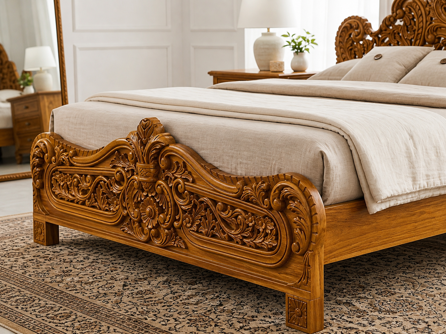 Royal Handcarved Teak Wood King Bed | Solid Teakwood Bed Frame | Traditional Indian Carved Bedroom Furniture | Luxury Wood Bed