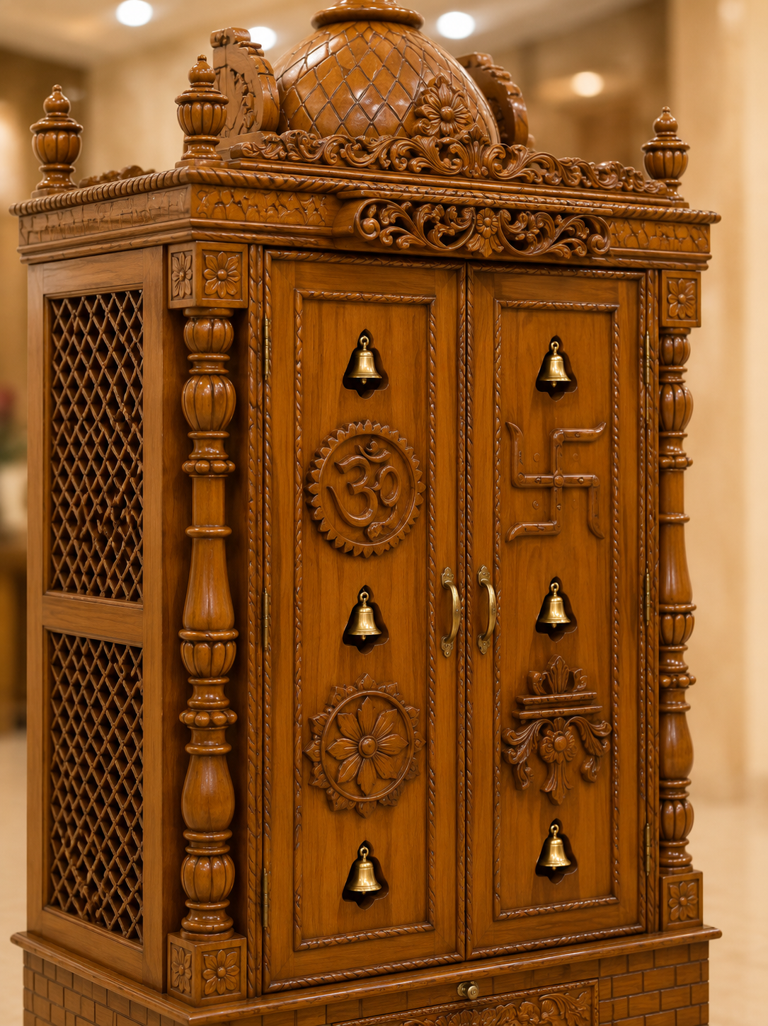 Dwaar Mandir Teak Wood Pooja Cabinet | Double Door Temple | Brass Bells | Saharanpur Handmade | TIMBERCRAFTIN