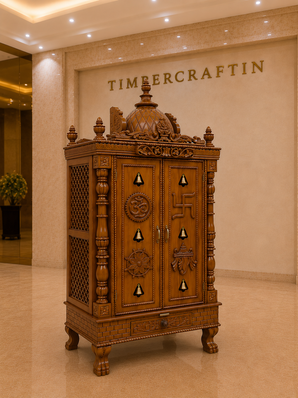 Dwaar Mandir Teak Wood Pooja Cabinet | Double Door Temple | Brass Bells | Saharanpur Handmade | TIMBERCRAFTIN