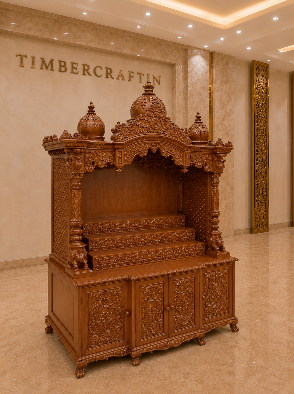 Raj Mahal Mandir Teak Wood Pooja Temple | Triple Dome Lion Column | Saharanpur Handmade | TIMBERCRAFTIN