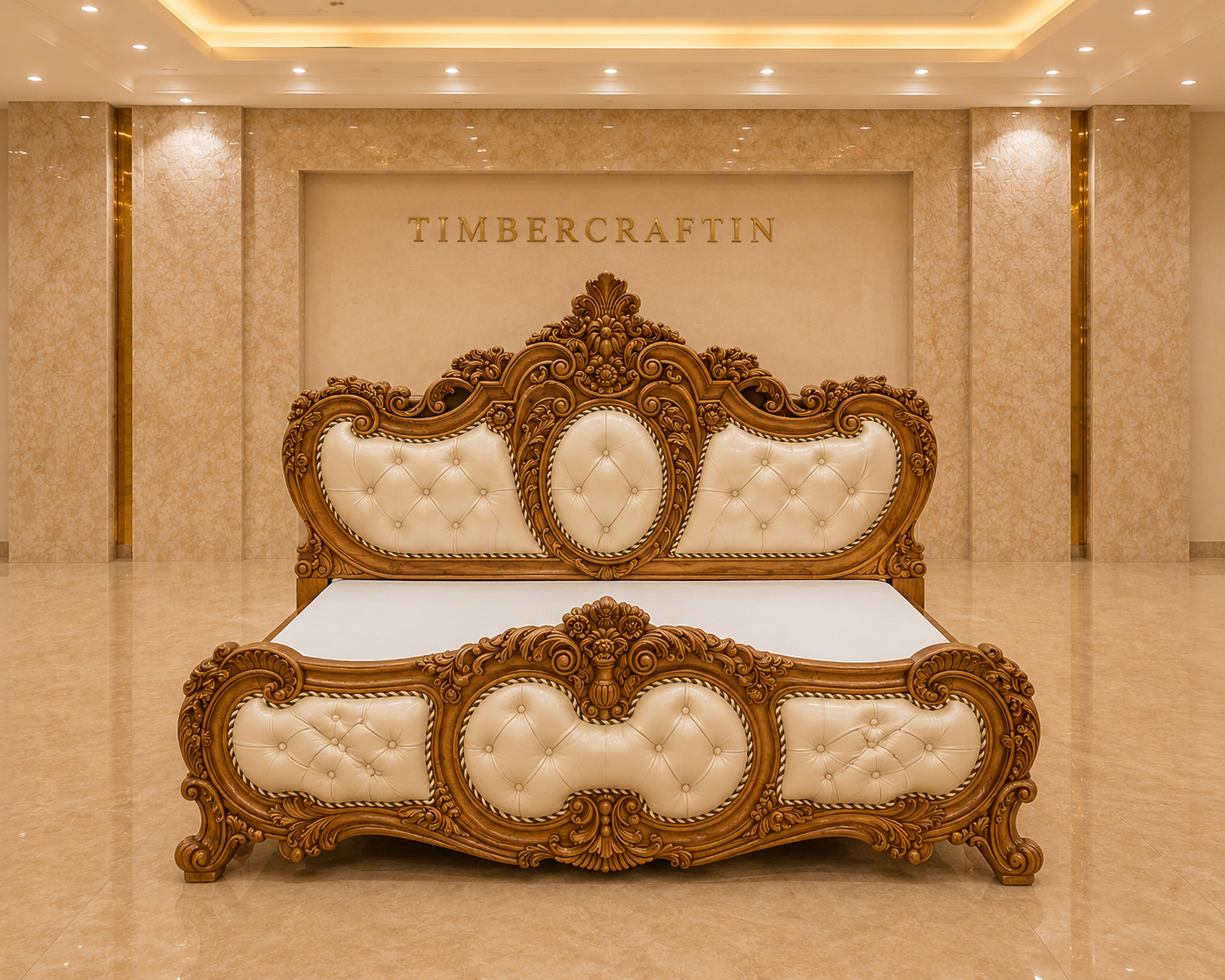 TIMBERCRAFTIN | Handcrafted Pure Teak Wood King Size Bed | Irony Crown |Rexine Tufted Headboard | Zero CNC | Saharanpur | Wedding Gift | 60x72x78 inches