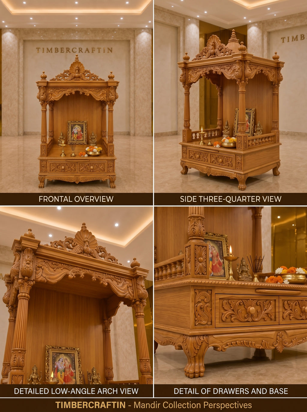 Mayur Prasad Teak Wood Pooja Mandir | Peacock Crown Temple | Saharanpur Handmade | TIMBERCRAFTIN