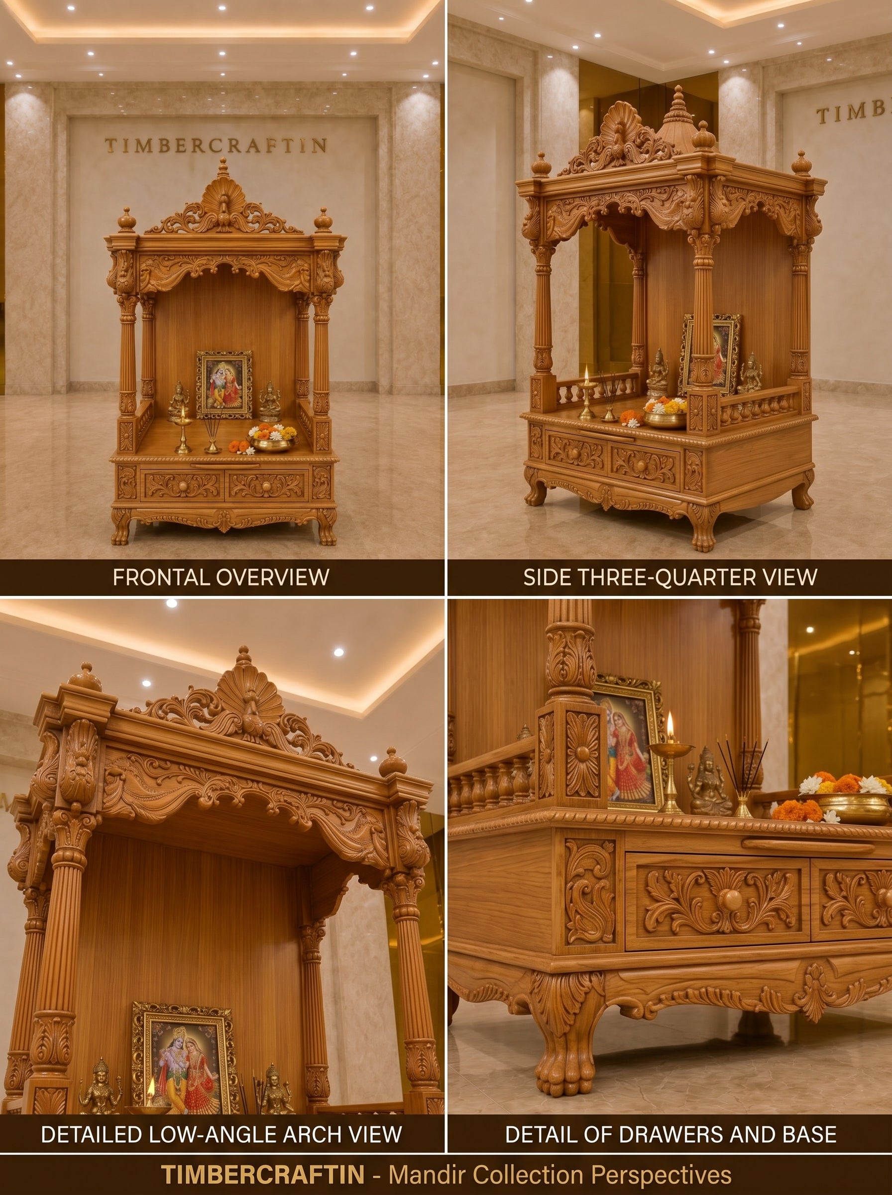Mayur Prasad Teak Wood Pooja Mandir | Peacock Crown Temple | Saharanpur Handmade | TIMBERCRAFTIN