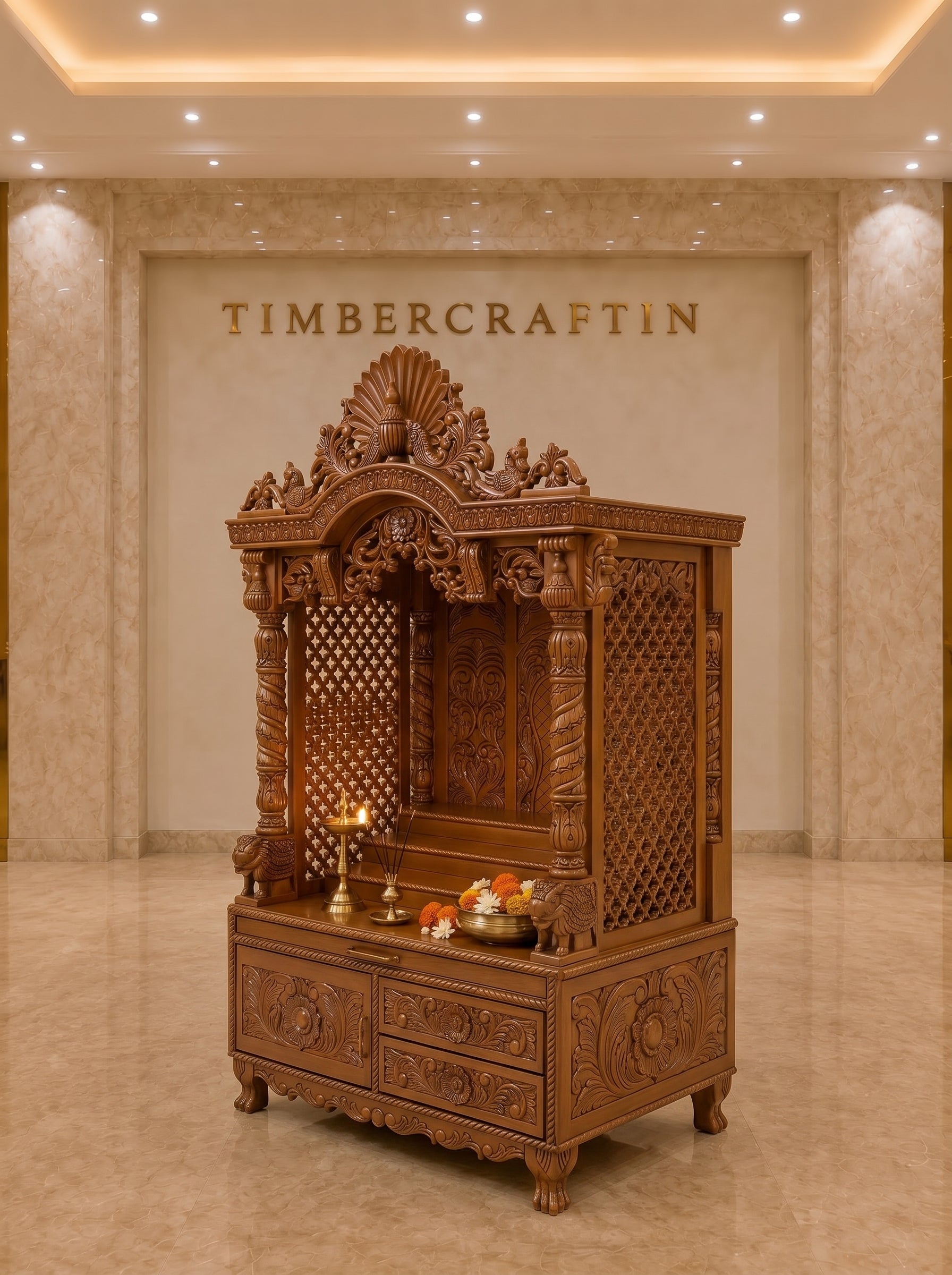 Mayur Singhaasan Teak Wood Pooja Mandir | Peacock Crown Grand Temple | Saharanpur Handmade | TIMBERCRAFTIN