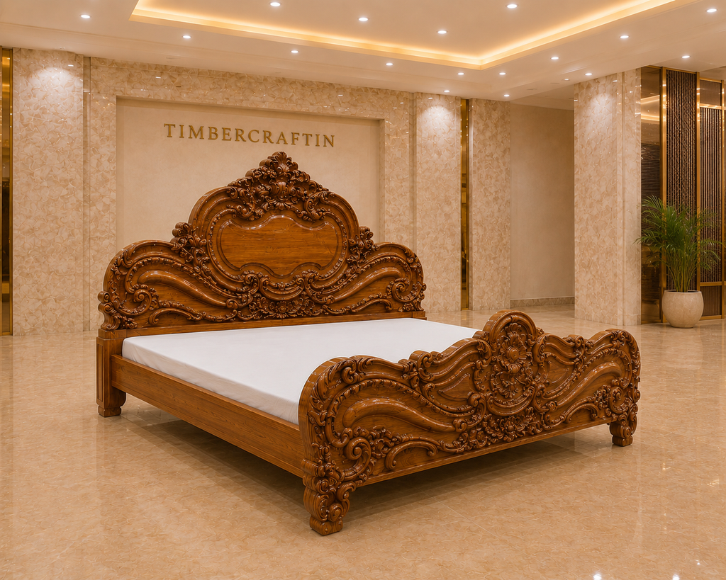 Handcrafted Pure Teak Wood King Size Bed |Golden Weave| Saharanpur Wooden Furniture | Wedding Gift | 60x74x84 inches