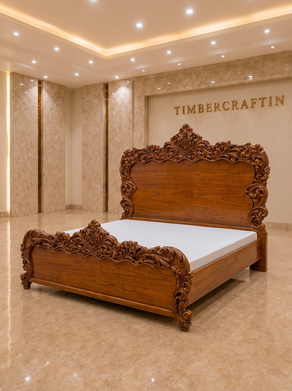 TIMBERCRAFTIN | "Imperial Lotus Throne" | Handcrafted Pure Teak Wood King Size Bed | Heavy All-Over Carving | Zero CNC | Saharanpur | Wedding Gift | 74x84x80