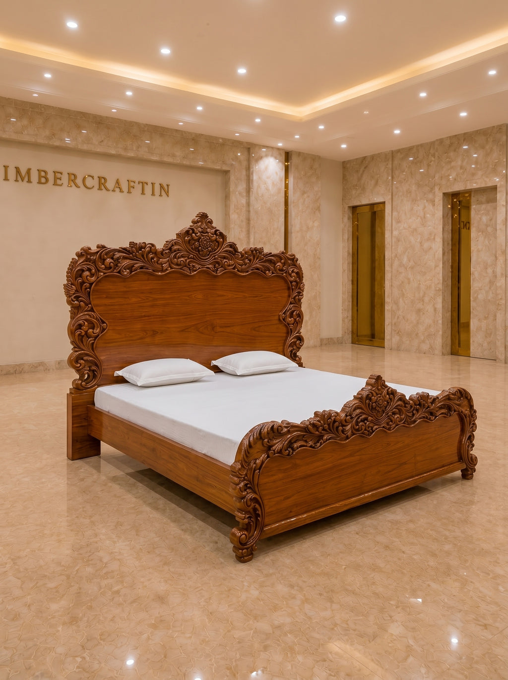 TIMBERCRAFTIN | "Imperial Lotus Throne" | Handcrafted Pure Teak Wood King Size Bed | Heavy All-Over Carving | Zero CNC | Saharanpur | Wedding Gift | 74x84x80