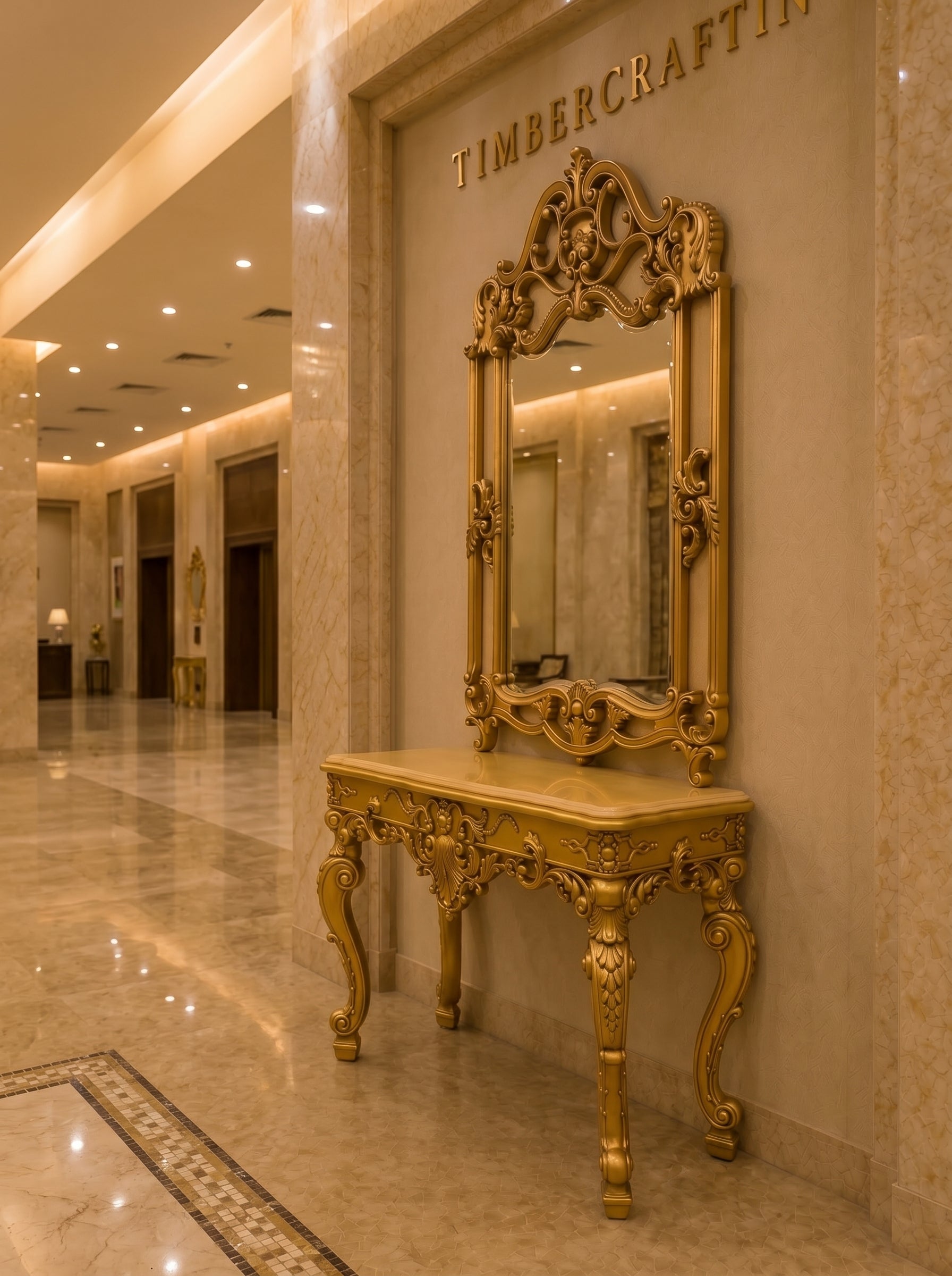 Royal Baroque Console Table with Ornate Mirror — Hand-Carved Teakwood | Antique Gold | Made to Order