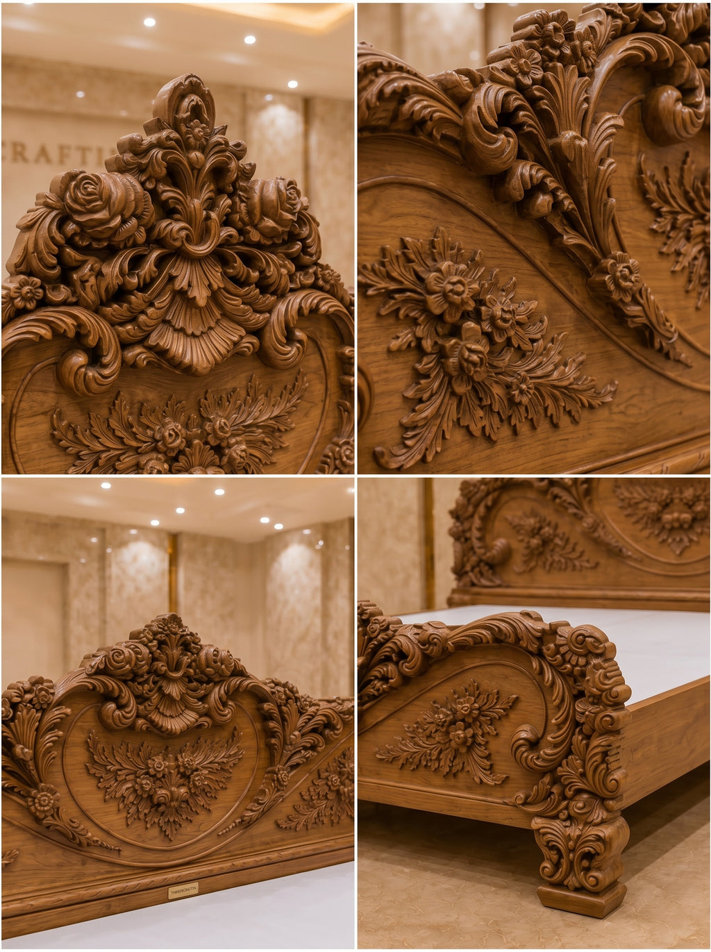 Royal Baroque Hand Carved Pure Teak Wood Bed | Saharanpur Handmade | King size Royal Bedroom